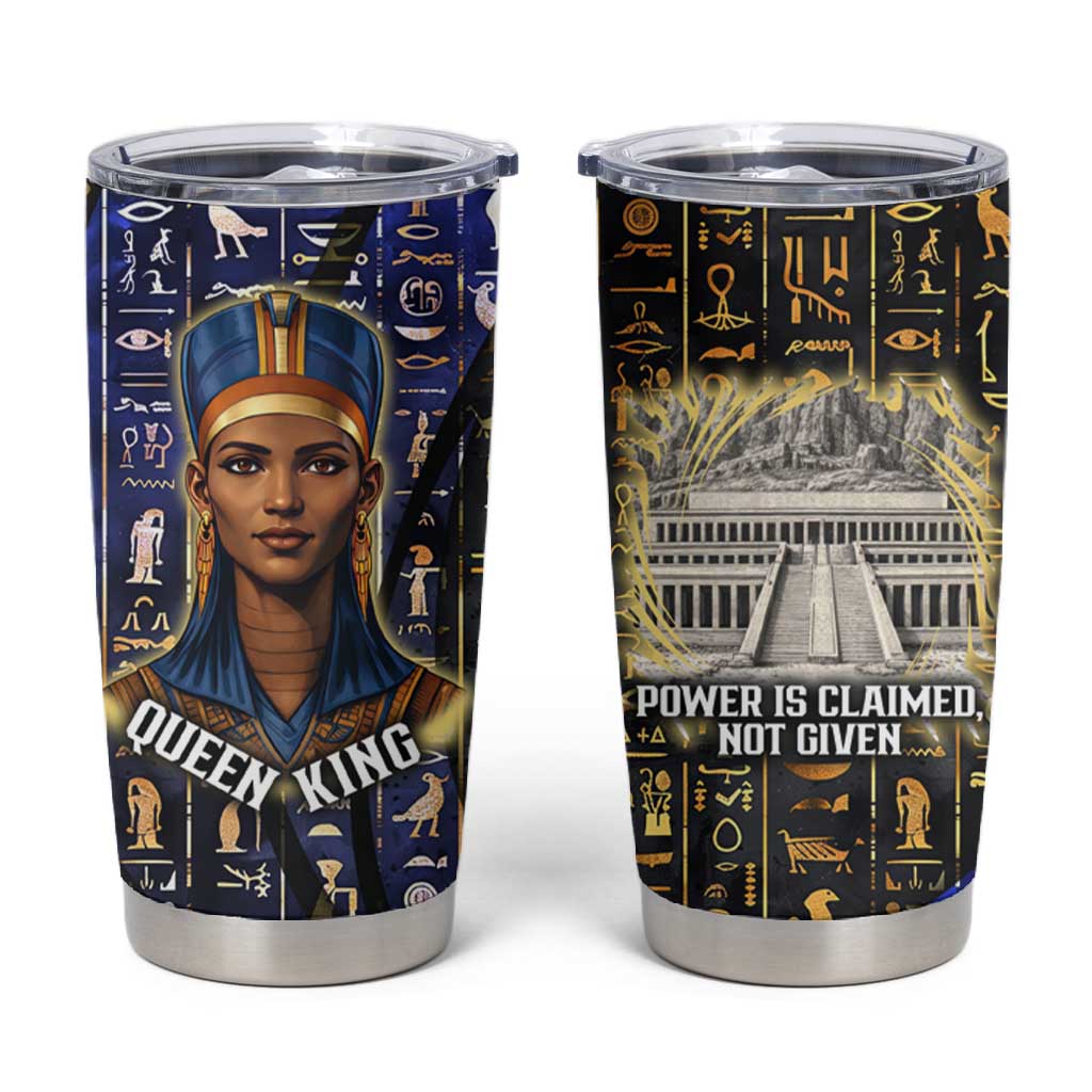 Hatshepsut Tumbler Cup with Queen King Portrait, Temple Illustration and Blue-Gold Hieroglyphic - Wonder Print Shop