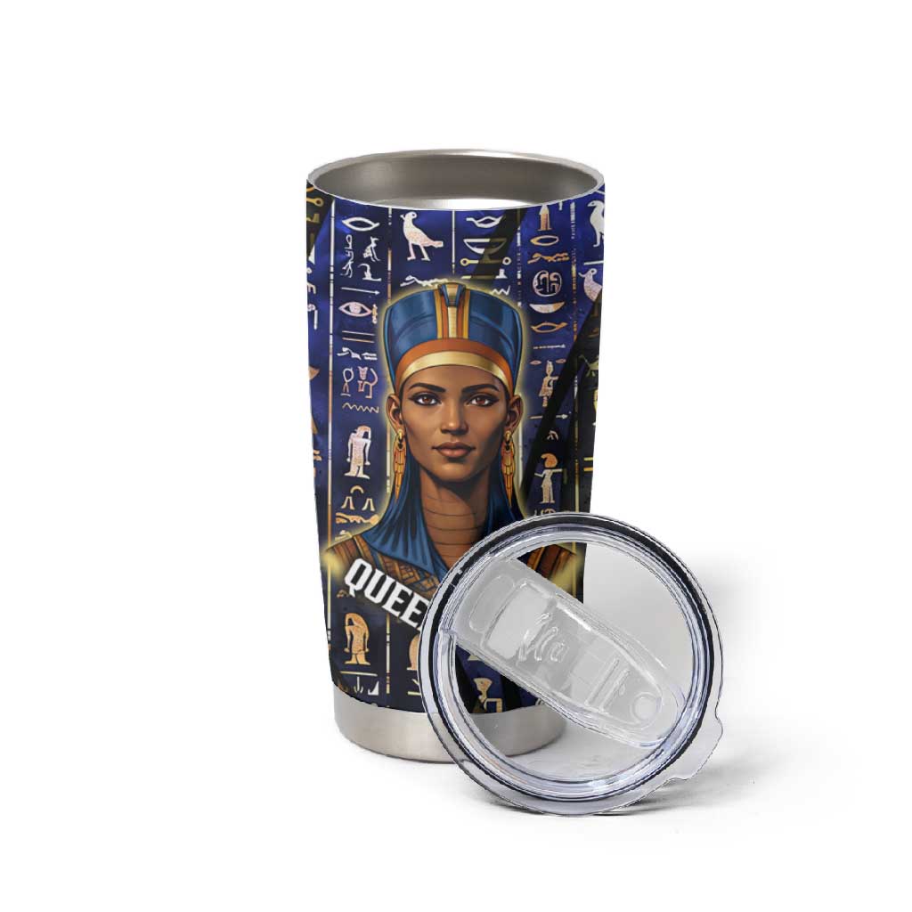 Hatshepsut Tumbler Cup with Queen King Portrait, Temple Illustration and Blue-Gold Hieroglyphic - Wonder Print Shop