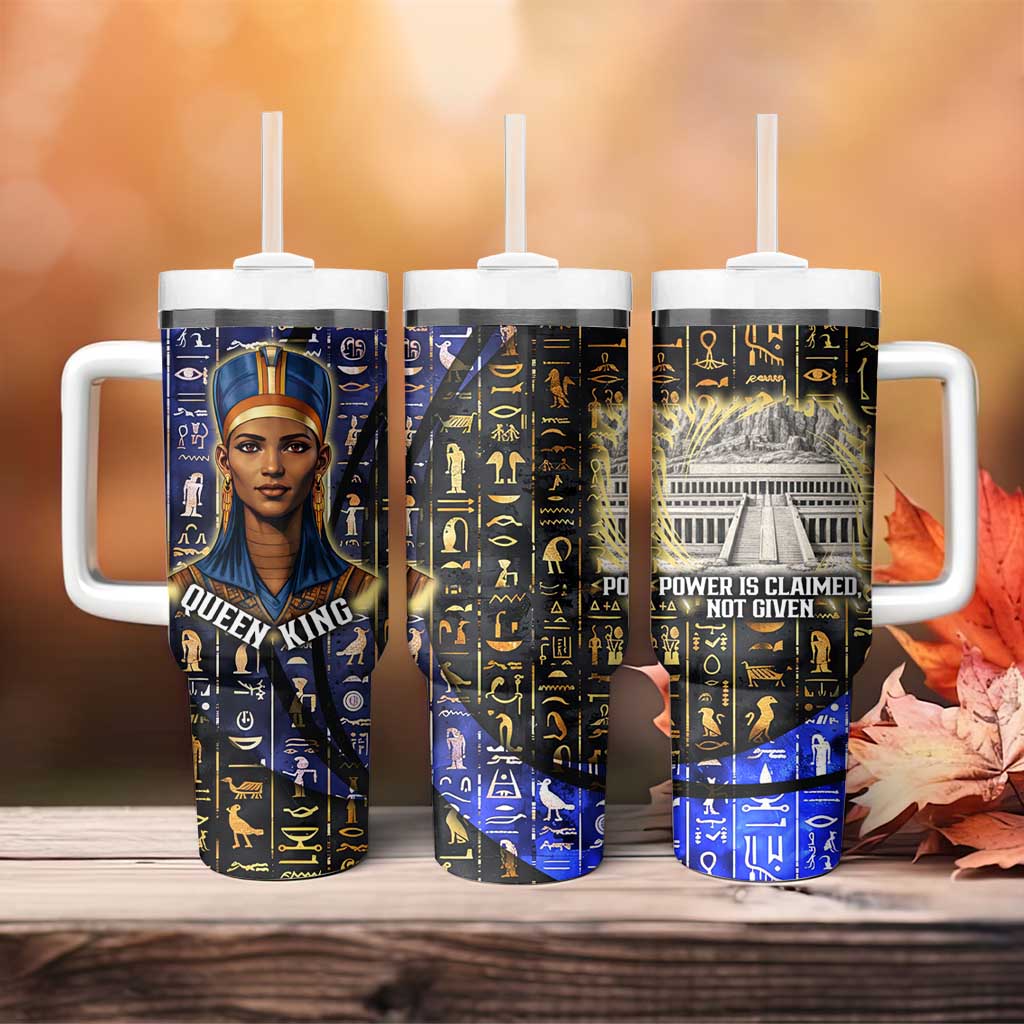 Hatshepsut Tumbler With Handle with Queen King Portrait, Temple Illustration and Blue-Gold Hieroglyphic - Wonder Print Shop