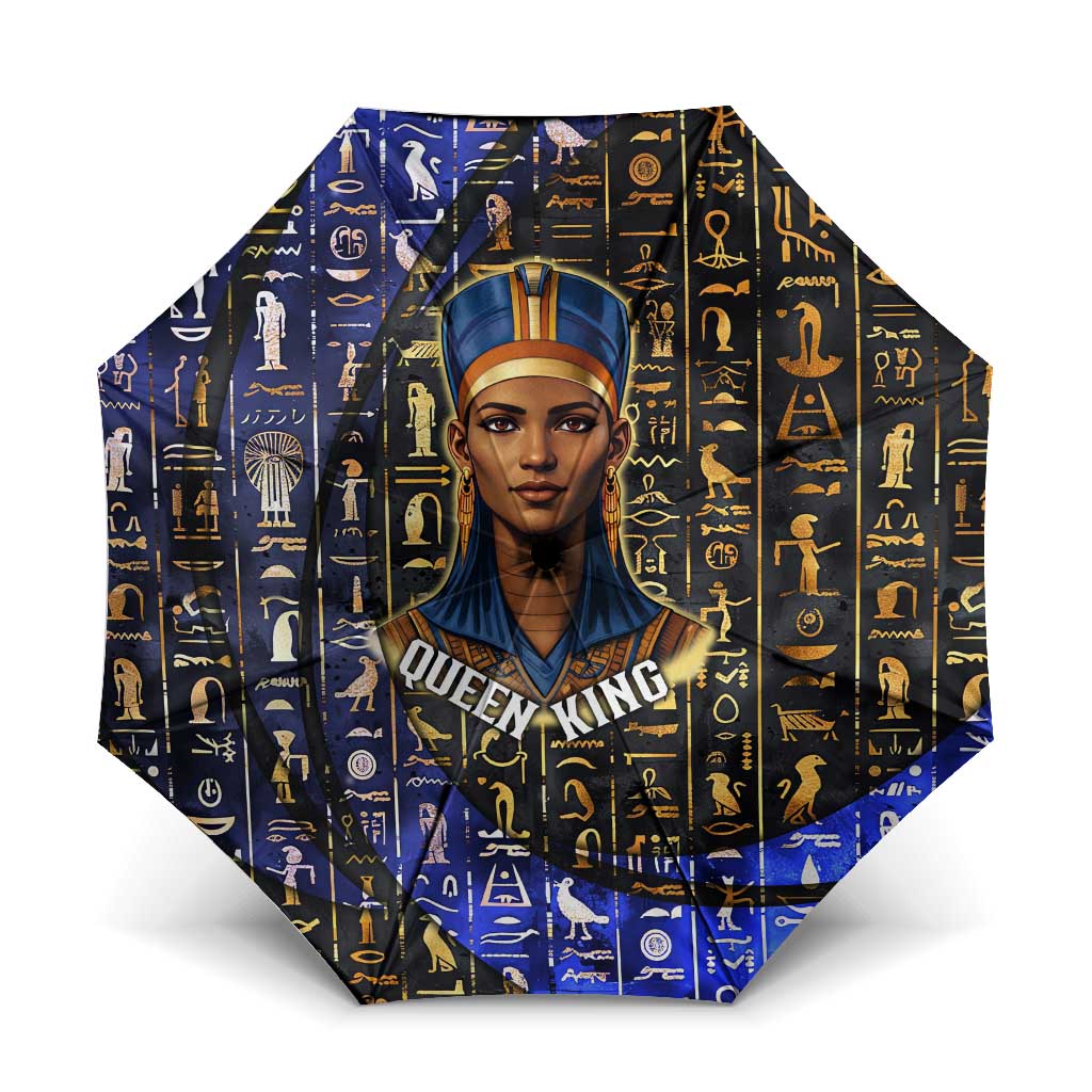 Hatshepsut Umbrella with Queen King Portrait, Temple Illustration and Blue-Gold Hieroglyphic - Wonder Print Shop