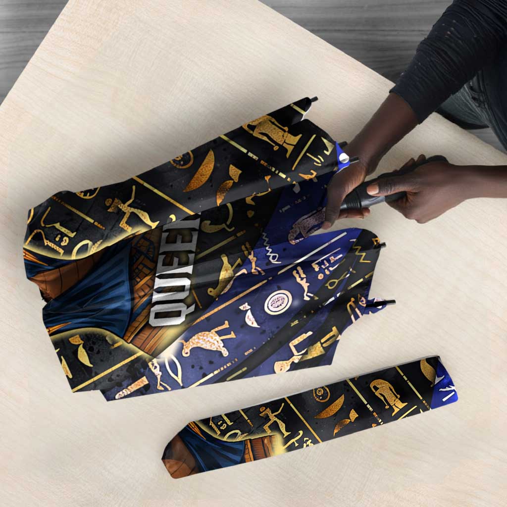 Hatshepsut Umbrella with Queen King Portrait, Temple Illustration and Blue-Gold Hieroglyphic - Wonder Print Shop