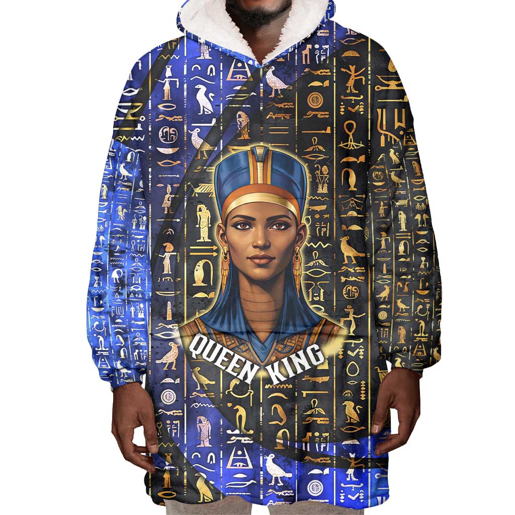 Hatshepsut Wearable Blanket Hoodie with Queen King Portrait, Temple Illustration and Blue-Gold Hieroglyphic - Wonder Print Shop