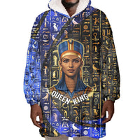 Hatshepsut Wearable Blanket Hoodie with Queen King Portrait, Temple Illustration and Blue-Gold Hieroglyphic - Wonder Print Shop
