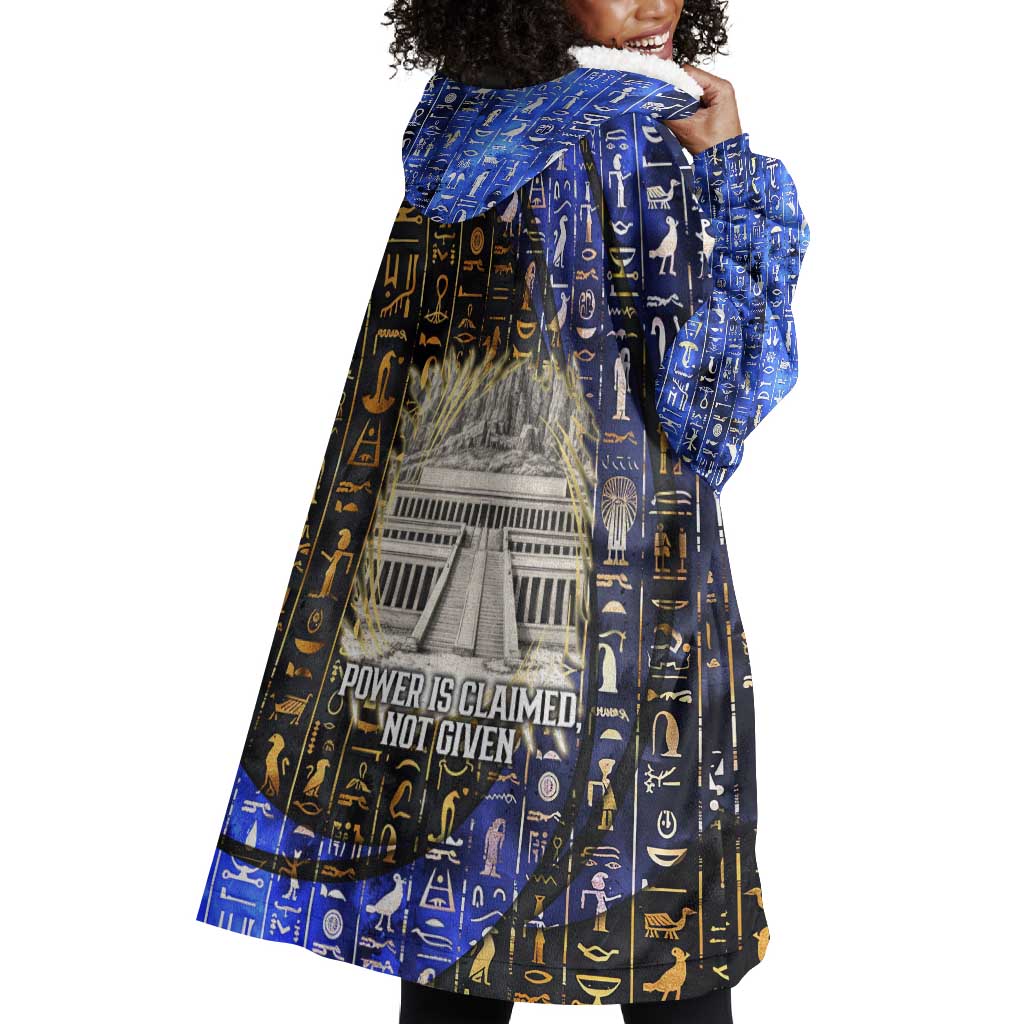 Hatshepsut Wearable Blanket Hoodie with Queen King Portrait, Temple Illustration and Blue-Gold Hieroglyphic - Wonder Print Shop