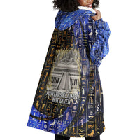 Hatshepsut Wearable Blanket Hoodie with Queen King Portrait, Temple Illustration and Blue-Gold Hieroglyphic - Wonder Print Shop