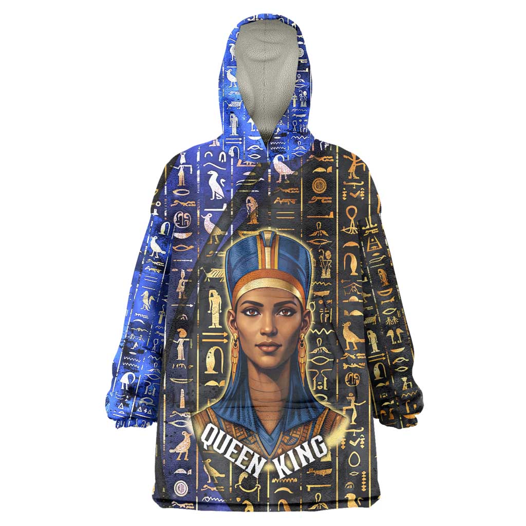 Hatshepsut Wearable Blanket Hoodie with Queen King Portrait, Temple Illustration and Blue-Gold Hieroglyphic - Wonder Print Shop