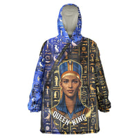 Hatshepsut Wearable Blanket Hoodie with Queen King Portrait, Temple Illustration and Blue-Gold Hieroglyphic - Wonder Print Shop