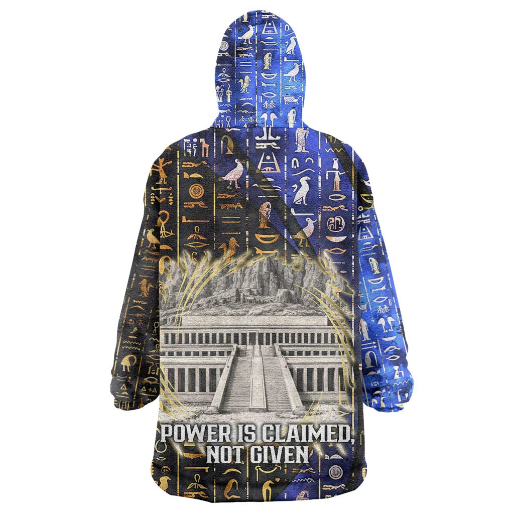 Hatshepsut Wearable Blanket Hoodie with Queen King Portrait, Temple Illustration and Blue-Gold Hieroglyphic - Wonder Print Shop