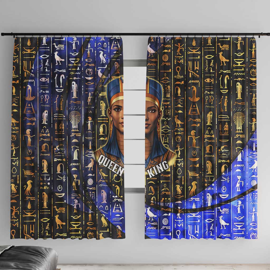 Hatshepsut Window Curtain with Queen King Portrait, Temple Illustration and Blue-Gold Hieroglyphic - Wonder Print Shop