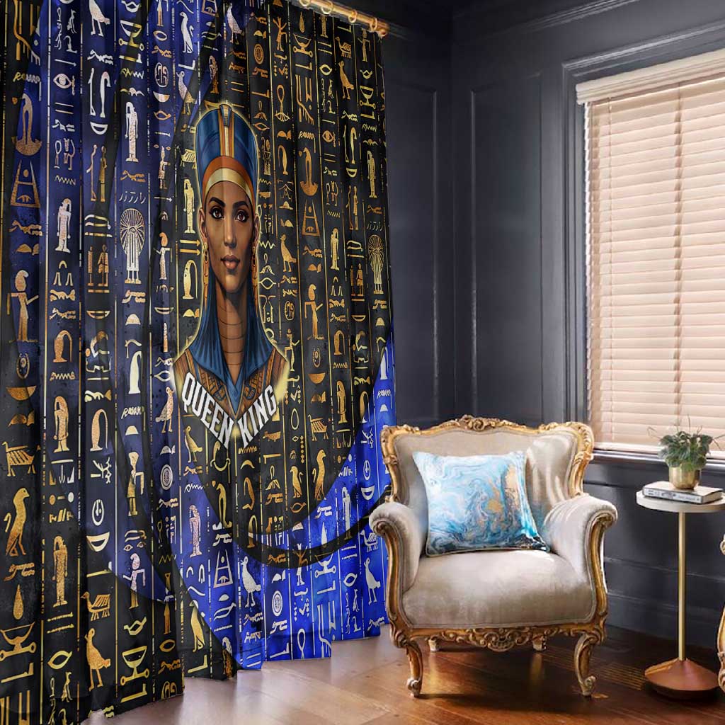 Hatshepsut Window Curtain with Queen King Portrait, Temple Illustration and Blue-Gold Hieroglyphic - Wonder Print Shop