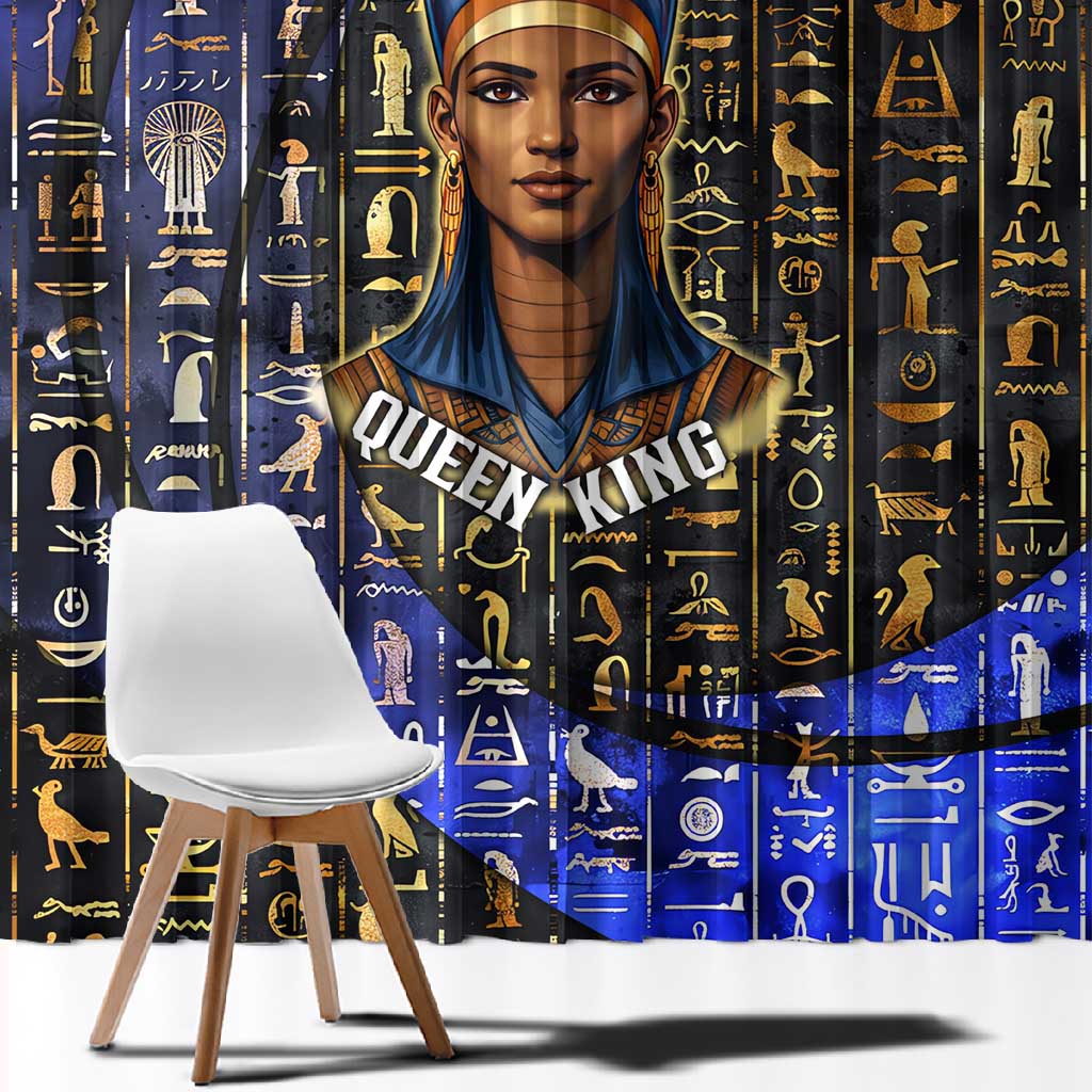 Hatshepsut Window Curtain with Queen King Portrait, Temple Illustration and Blue-Gold Hieroglyphic - Wonder Print Shop