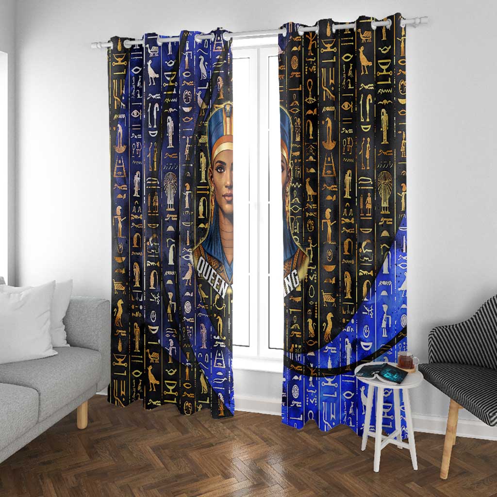Hatshepsut Window Curtain with Queen King Portrait, Temple Illustration and Blue-Gold Hieroglyphic - Wonder Print Shop