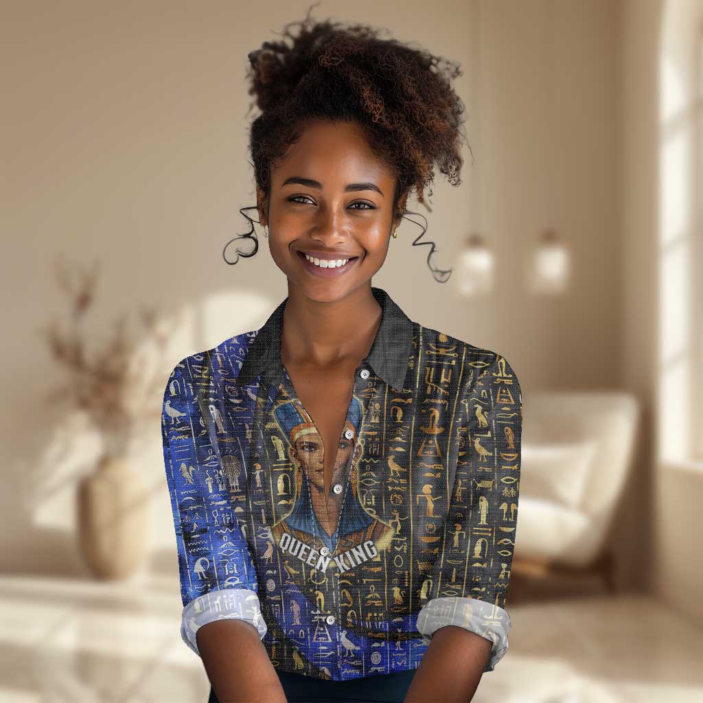 Hatshepsut Women Casual Shirt with Queen King Portrait, Temple Illustration and Blue-Gold Hieroglyphic - Wonder Print Shop