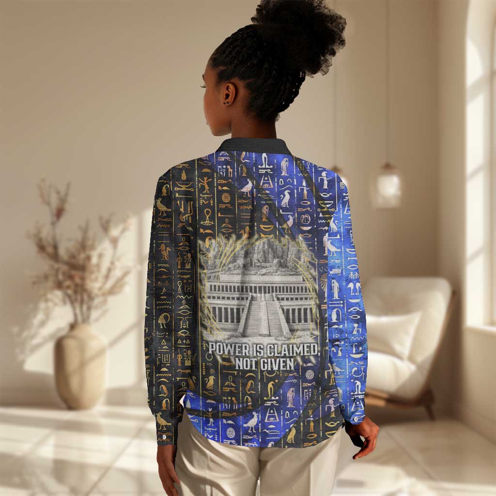 Hatshepsut Women Casual Shirt with Queen King Portrait, Temple Illustration and Blue-Gold Hieroglyphic - Wonder Print Shop