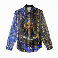 Hatshepsut Women Casual Shirt with Queen King Portrait, Temple Illustration and Blue-Gold Hieroglyphic - Wonder Print Shop