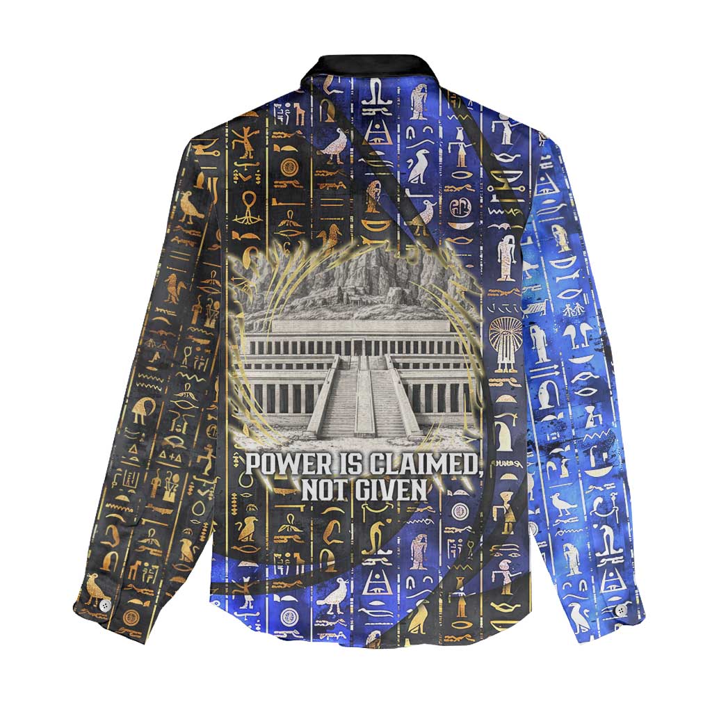 Hatshepsut Women Casual Shirt with Queen King Portrait, Temple Illustration and Blue-Gold Hieroglyphic - Wonder Print Shop