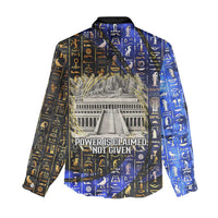 Hatshepsut Women Casual Shirt with Queen King Portrait, Temple Illustration and Blue-Gold Hieroglyphic - Wonder Print Shop