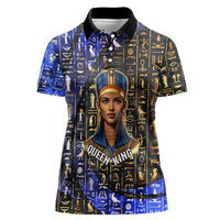 Hatshepsut Women Polo Shirt with Queen King Portrait, Temple Illustration and Blue-Gold Hieroglyphic - Wonder Print Shop