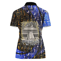 Hatshepsut Women Polo Shirt with Queen King Portrait, Temple Illustration and Blue-Gold Hieroglyphic - Wonder Print Shop