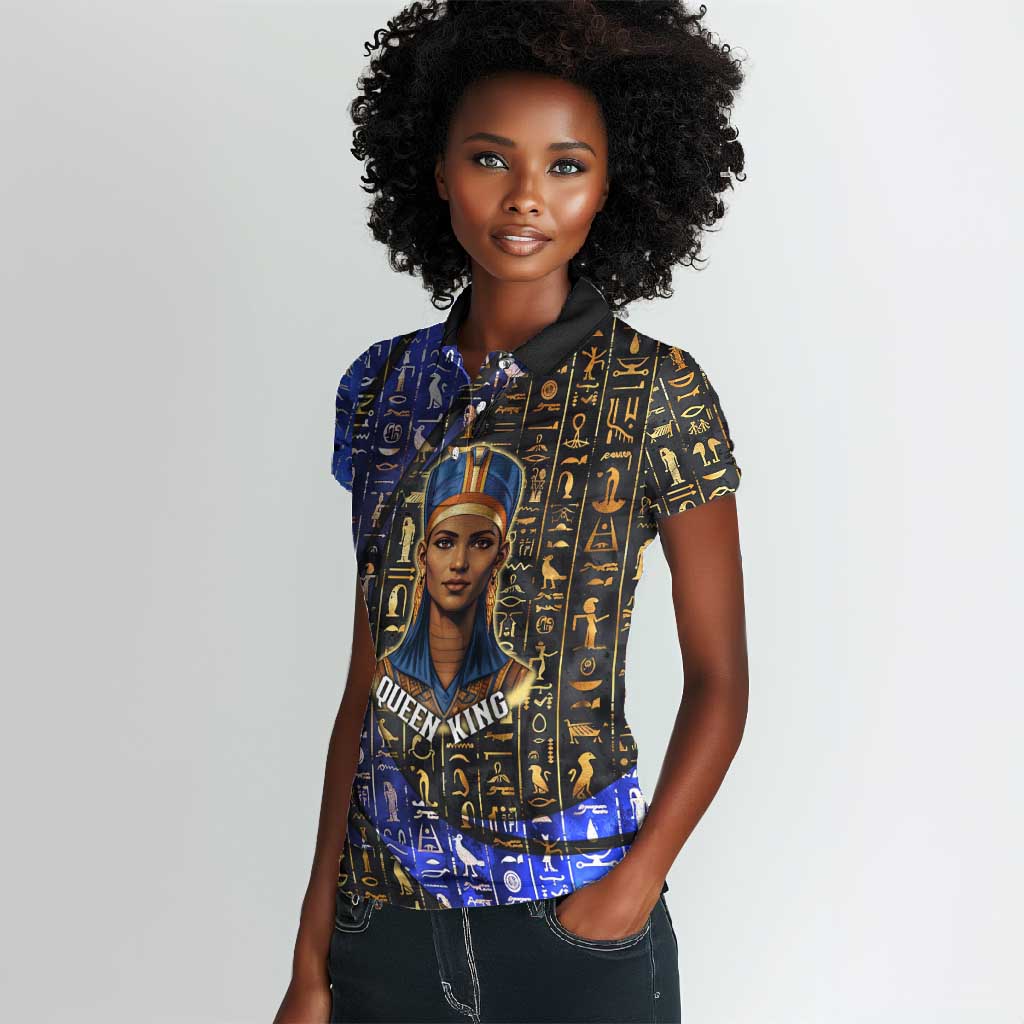 Hatshepsut Women Polo Shirt with Queen King Portrait, Temple Illustration and Blue-Gold Hieroglyphic - Wonder Print Shop