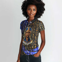 Hatshepsut Women Polo Shirt with Queen King Portrait, Temple Illustration and Blue-Gold Hieroglyphic - Wonder Print Shop