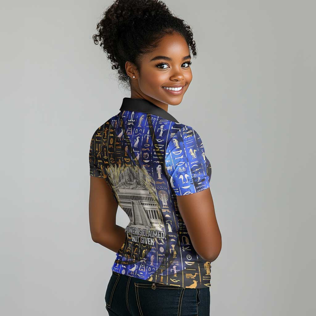 Hatshepsut Women Polo Shirt with Queen King Portrait, Temple Illustration and Blue-Gold Hieroglyphic - Wonder Print Shop