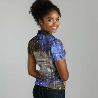 Hatshepsut Women Polo Shirt with Queen King Portrait, Temple Illustration and Blue-Gold Hieroglyphic - Wonder Print Shop