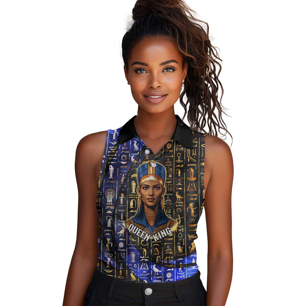 Hatshepsut Women Sleeveless Polo Shirt with Queen King Portrait, Temple Illustration and Blue-Gold Hieroglyphic - Wonder Print Shop