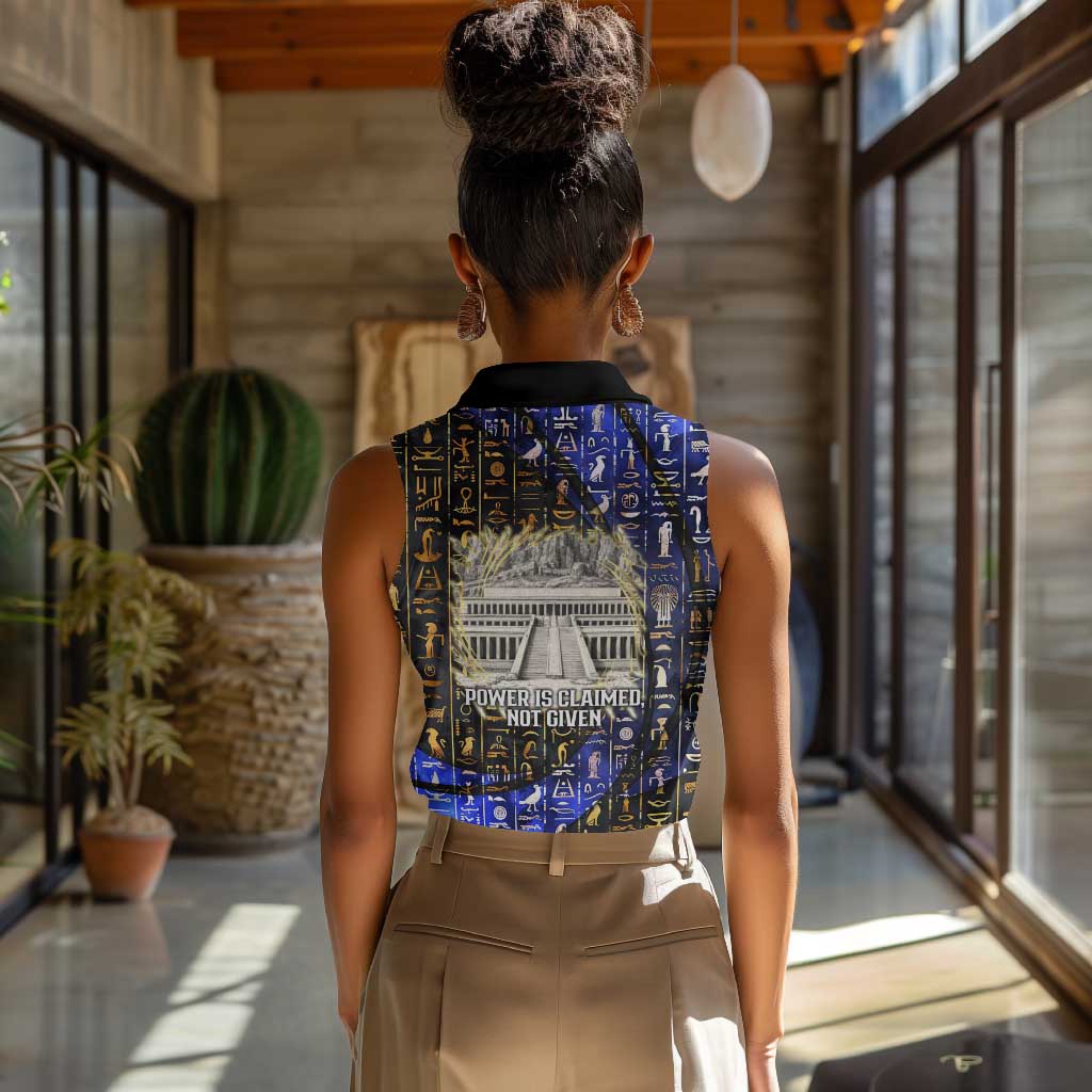 Hatshepsut Women Sleeveless Polo Shirt with Queen King Portrait, Temple Illustration and Blue-Gold Hieroglyphic - Wonder Print Shop