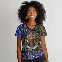 Hatshepsut Women V-Neck T-Shirt with Queen King Portrait, Temple Illustration and Blue-Gold Hieroglyphic - Wonder Print Shop