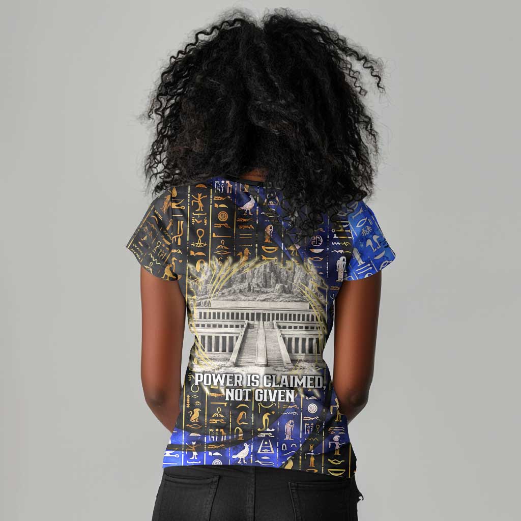 Hatshepsut Women V-Neck T-Shirt with Queen King Portrait, Temple Illustration and Blue-Gold Hieroglyphic - Wonder Print Shop