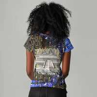 Hatshepsut Women V-Neck T-Shirt with Queen King Portrait, Temple Illustration and Blue-Gold Hieroglyphic - Wonder Print Shop