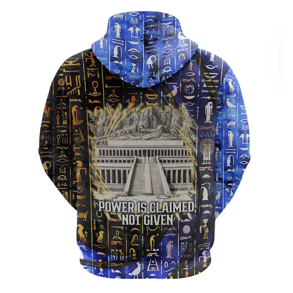 Hatshepsut Zip Hoodie with Queen King Portrait, Temple Illustration and Blue-Gold Hieroglyphic - Wonder Print Shop
