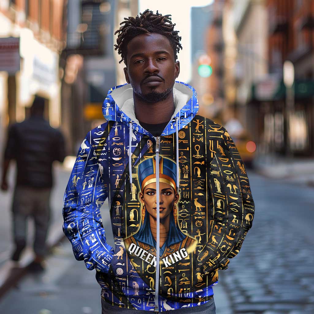 Hatshepsut Zip Hoodie with Queen King Portrait, Temple Illustration and Blue-Gold Hieroglyphic - Wonder Print Shop