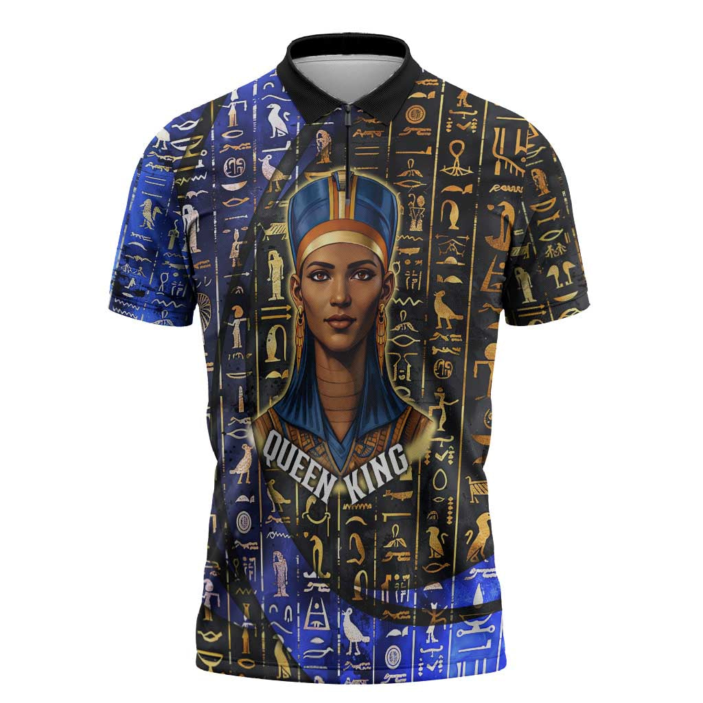 Hatshepsut Zipper Polo Shirt with Queen King Portrait, Temple Illustration and Blue-Gold Hieroglyphic - Wonder Print Shop