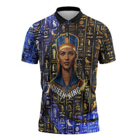 Hatshepsut Zipper Polo Shirt with Queen King Portrait, Temple Illustration and Blue-Gold Hieroglyphic - Wonder Print Shop