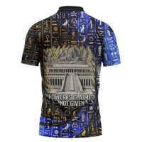 Hatshepsut Zipper Polo Shirt with Queen King Portrait, Temple Illustration and Blue-Gold Hieroglyphic - Wonder Print Shop