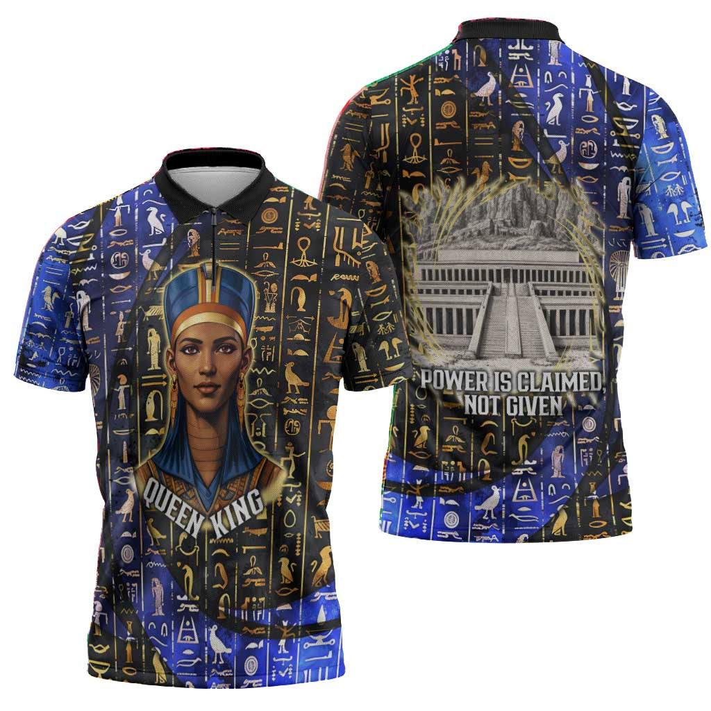 Hatshepsut Zipper Polo Shirt with Queen King Portrait, Temple Illustration and Blue-Gold Hieroglyphic - Wonder Print Shop