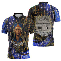 Hatshepsut Zipper Polo Shirt with Queen King Portrait, Temple Illustration and Blue-Gold Hieroglyphic - Wonder Print Shop