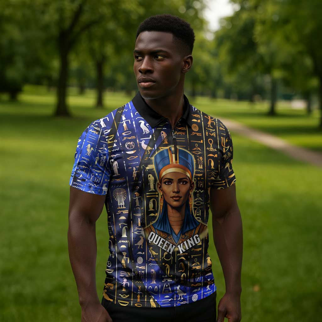 Hatshepsut Zipper Polo Shirt with Queen King Portrait, Temple Illustration and Blue-Gold Hieroglyphic - Wonder Print Shop
