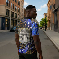 Hatshepsut Zipper Polo Shirt with Queen King Portrait, Temple Illustration and Blue-Gold Hieroglyphic - Wonder Print Shop
