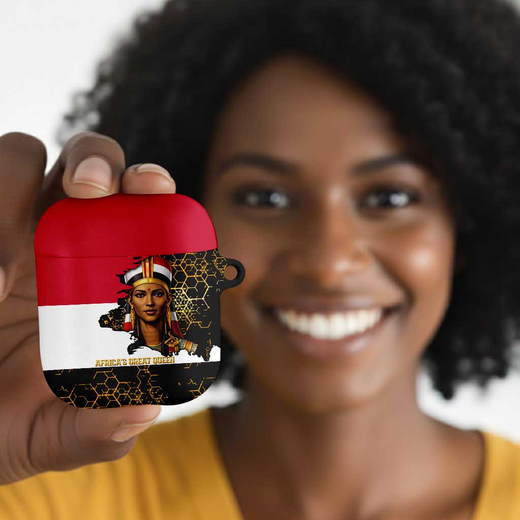 Hatshepsut AirPods Case with Royal Portrait, Pre-Colonial Empires Text and Red-Black Honeycomb - Wonder Print Shop
