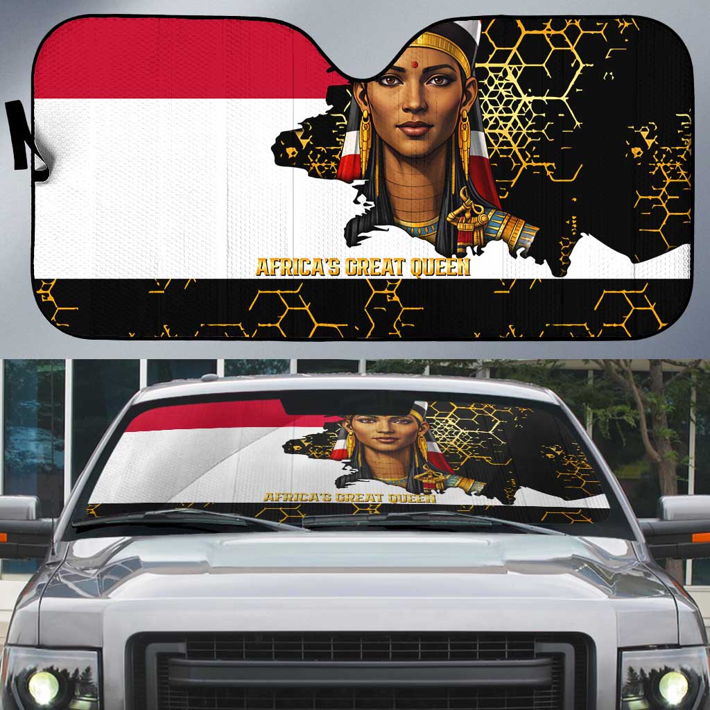 Hatshepsut Auto Sun Shade with Royal Portrait, Pre-Colonial Empires Text and Red-Black Honeycomb - Wonder Print Shop