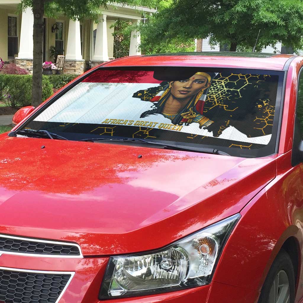 Hatshepsut Auto Sun Shade with Royal Portrait, Pre-Colonial Empires Text and Red-Black Honeycomb - Wonder Print Shop