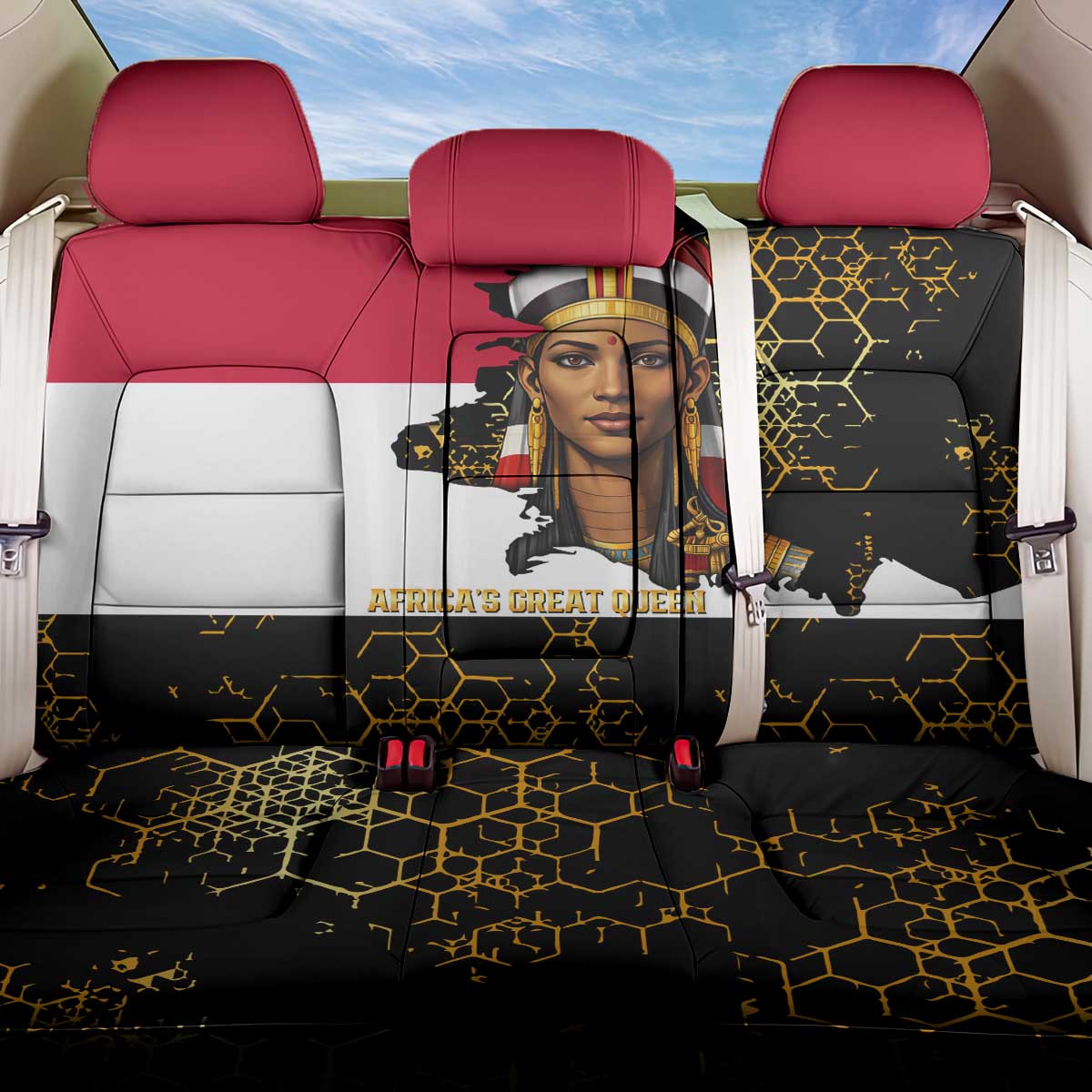 Hatshepsut Back Car Seat Cover with Royal Portrait, Pre-Colonial Empires Text and Red-Black Honeycomb - Wonder Print Shop
