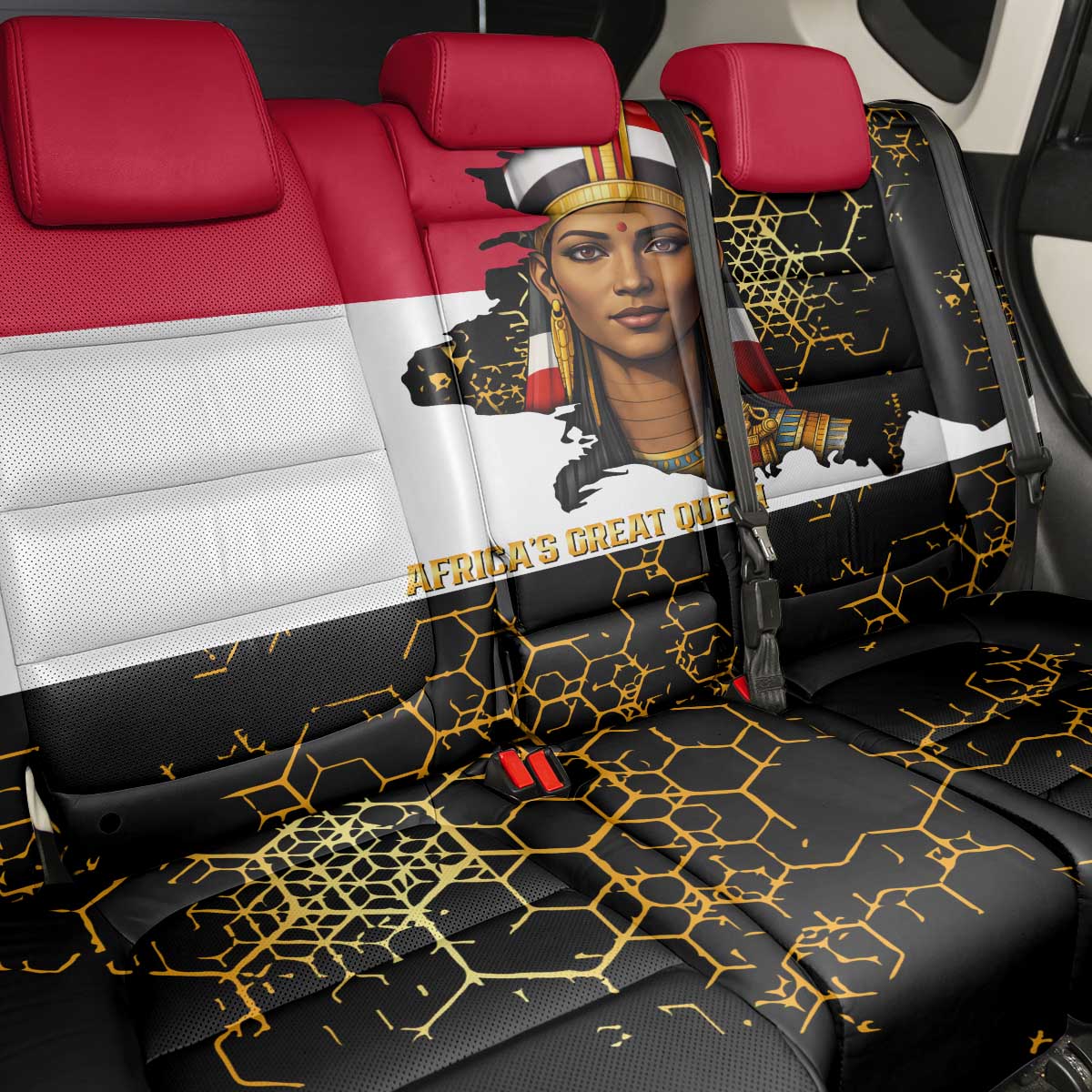 Hatshepsut Back Car Seat Cover with Royal Portrait, Pre-Colonial Empires Text and Red-Black Honeycomb - Wonder Print Shop