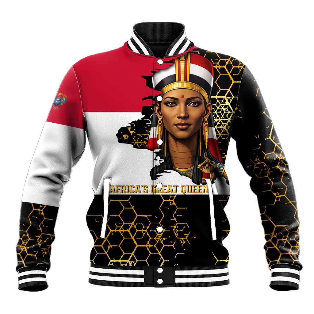 Hatshepsut Baseball Jacket with Royal Portrait, Pre-Colonial Empires Text and Red-Black Honeycomb - undefined