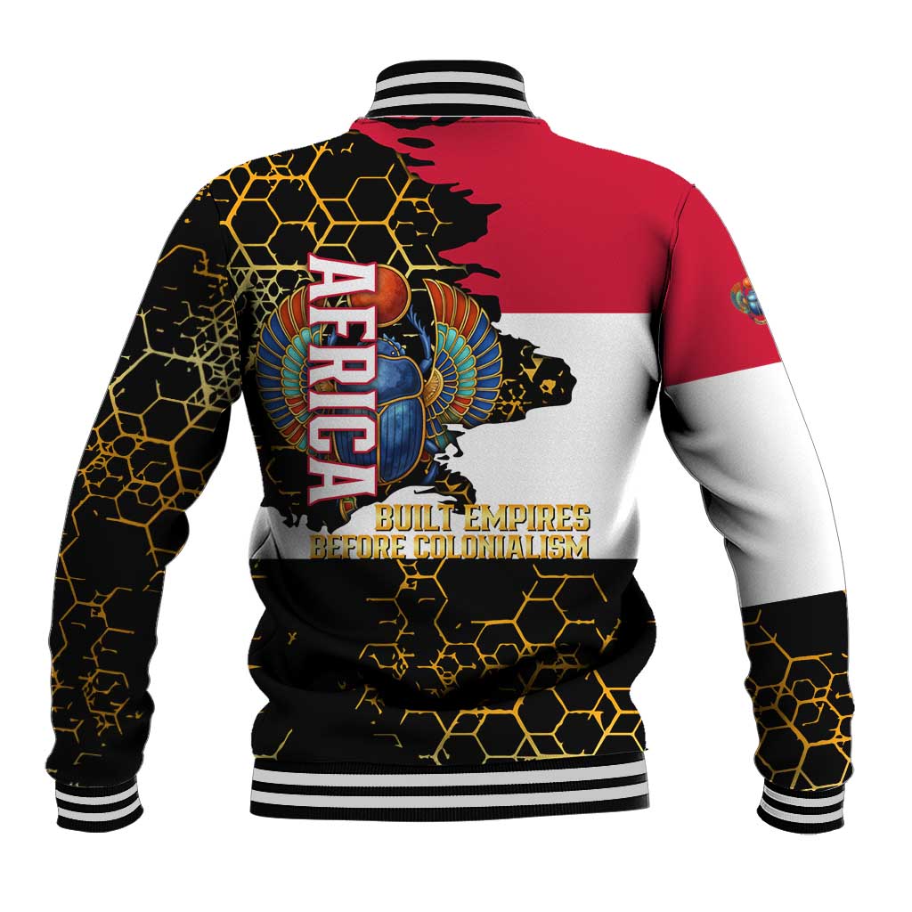 Hatshepsut Baseball Jacket with Royal Portrait, Pre-Colonial Empires Text and Red-Black Honeycomb - undefined