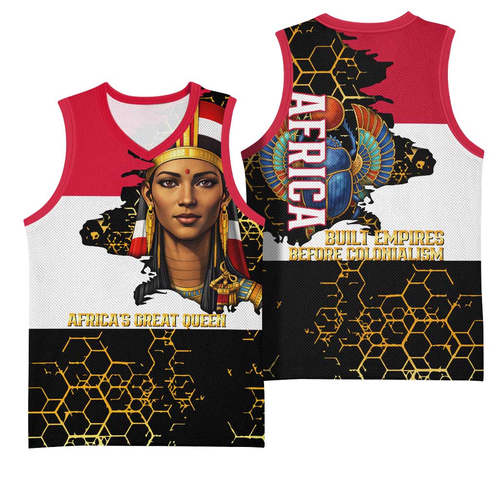 Hatshepsut Basketball Jersey with Royal Portrait, Pre-Colonial Empires Text and Red-Black Honeycomb - Wonder Print Shop