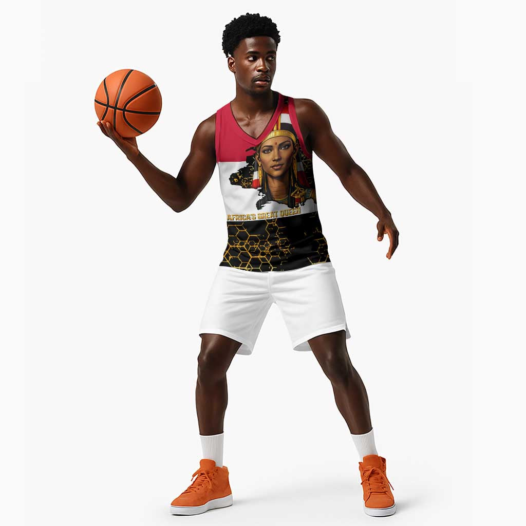 Hatshepsut Basketball Jersey with Royal Portrait, Pre-Colonial Empires Text and Red-Black Honeycomb - Wonder Print Shop